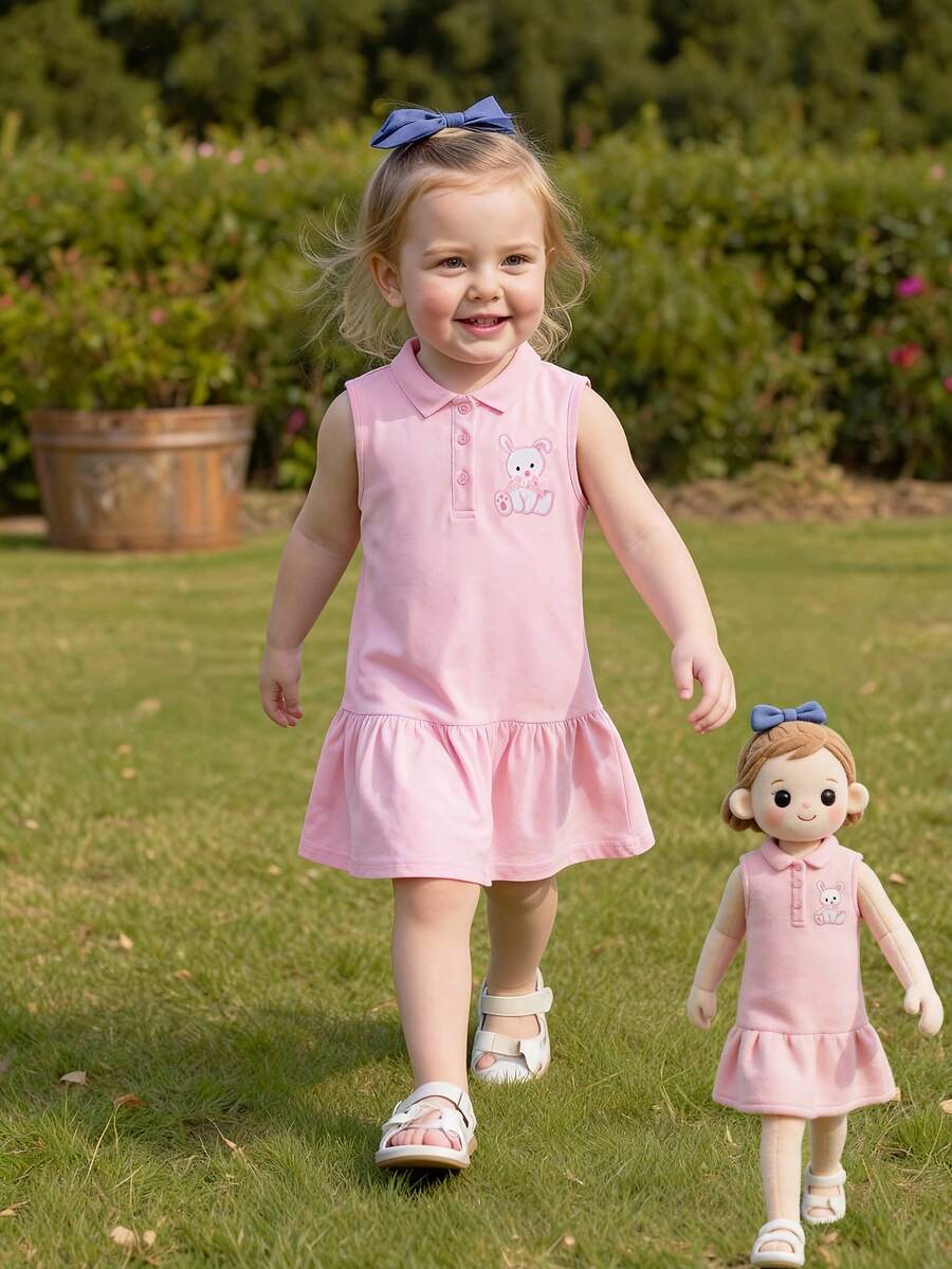 小女孩无袖polo衫连衣裙，兔子刺绣，棉质荷叶边下摆，A字裙 - 粉色 - 查看 1
