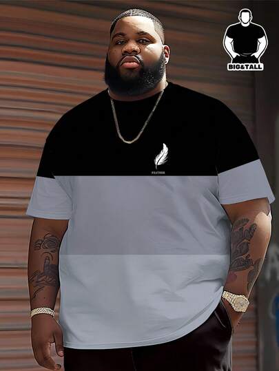 Camiseta de manga corta de talla grande en bloque de color negro y gris con texto "PLUMA" y gráfico de pluma blanca, prenda de vestir minimalista y elegante para la calle