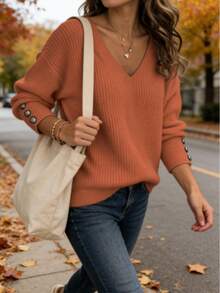 Women's Ribbed V-Neck Button Cuff Oversized Top - Multi-Color Casual Outdoor Blouse RibbedVNeckBlouse CasualOutdoorTop - 紅色(升級款) - 查看 3