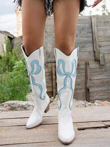 Women's Bowknot Western Style TPU Side Zipper Embroidered Fashion Boots, Pointed Toe Slim High Heel Sexy Over-The-Knee Boots, Suitable For Holidays And All Seasons - Baby Blue - View 3