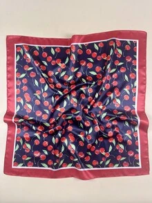 1pc Women's Cherry Print Elegant Scarf, Satin Neckerchief Hair Accessory