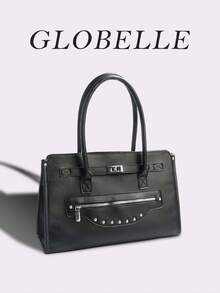 GLOBELLE黑色亮面双提手手提包，配银色五金配件。这款时尚的黑色人造革托特包采用挺括的包型设计，配有双提手和抛光银色饰件（锁扣、拉链口袋、铆钉镶嵌）。女士托特包。宽敞的主隔层和前置拉链小袋，非常适合日常使用。经典的设计融合了优雅与实用性，是工作、外出办事或休闲出行的理想之选。 - 黑色 - 查看 7
