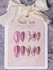 10 Pieces Of Handcrafted Press On Nails,Nails, Almond-Shaped Nails, French Tip Nails, Pink Nails, White Nails, Gold Nails, Glittery Pink's Eye And Hand-Carved Patterns Decorate Nail Surface. Simple And Elegant Style, Suitable Daily Use By Ladies And Girls. Comes With A Manicure Kit. - 粉色 - 查看 3