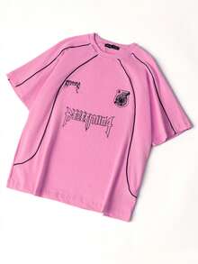 T-shirt da donna in puro cotone a coste con stampa del logo della lettera, stile preppy, nuovo abbigliamento sportivo primavera/estate, top a maniche corte morbido e traspirante con drappeggio fluido. - Fucsia - Visualizzare 5