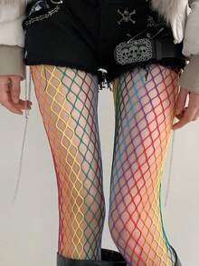 性感迷人复古彩虹渐变网眼连裤袜，女士半透明镂空网眼连裤袜，春夏秋季款，Y2K美学，适合派对、夜店、街头休闲穿着 - 彩色 - 查看 2