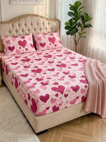 1件装亲肤柔软舒适床单，情人节礼物床上用品套装，家居装饰，适合双人/标准双人/加大双人床，可机洗，心形图案床单 - 彩色 - 查看 5