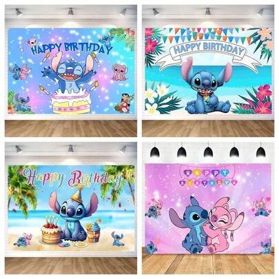 Stitch-Themed Birthday Backdrop From Lilo & Stitch, Including Designs With Birthday Cake, Hawaiian Scene, Party Hats, And Stitch & Angel, Recreating The Cute Animation Vibe. Suitable For Decorating Parties Of Various Styles, Perfect For Birthday Parties And Themed Gatherings.