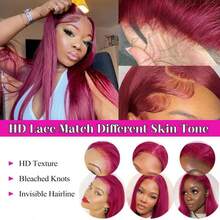 26英寸 200%密度 13x4 酒红色直发蕾丝前假发，人发混纺，预剪高清蕾丝前人发混纺，含纤维，无需胶水，直发，无胶人发混纺假发，自然发际线，即戴即走，99J号人发，预先拔毛，耳到耳 - SBUG - 查看 9