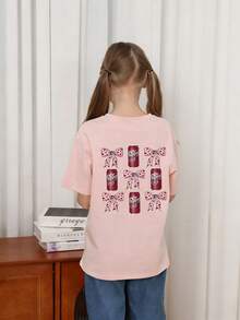 Young Girl Casual Graphic Print Crew Neck Short Sleeve T-Shirt, Summer Top - Pink - View 2
