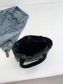 1pc Metallic Black Quilted Large Capacity Tote Bag, Women's Shoulder Bag Suitable For Daily Use And Dates, Christmas Gift - Black - View 4