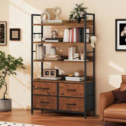 Industrial Bookshelf, 4-Tier Bookcase With Adjustable Shelves & 4 Fabric Drawers, Freestanding Display Shelf With Metal Frame For Living Room, Bedroom, Office -By GeoTower
