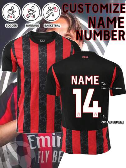 1pc AC Football Jersey, Personalized Football Uniform For Men, Men's Sports Suit, Running Outfit, Summer Men's Set, Men's T-Shirt Set, Football Jersey, Personalized Football Uniform, Football Jersey With Number Printing, Suitable For Daily Wear, Football, Badminton, Basketball, Cycling