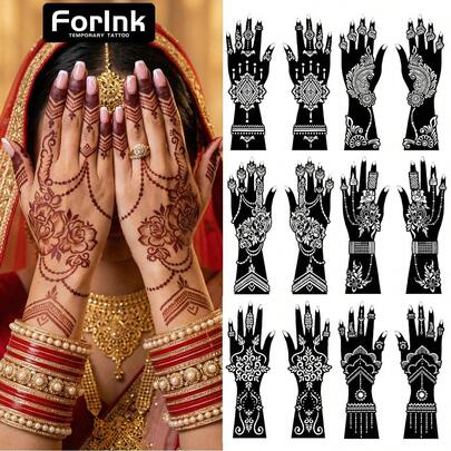 Khuôn mẫu hình xăm cỡ lớn cho tay, cánh tay, cổ tay, thiết kế hoa văn trang nhã tạm thời dành cho bộ dụng cụ xăm phun kim tuyến, khuôn mẫu hình xăm rỗng kiểu Ả Rập cho phụ nữ, nghệ sĩ vẽ tranh cơ thể, thẩm mỹ, phụ kiện cô dâu, lễ kỷ niệm - 12 tờ, kích thước lớn: 29x10.5cm
