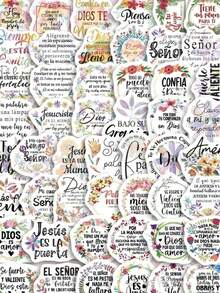 50pcs Back To School Inspirational Quote Stickers, Suitable For Handmade Diary, DIY Photo Album, Spanish Bible Verses, Jesus God Themed Aesthetic Stickers - Multicolor - View 1
