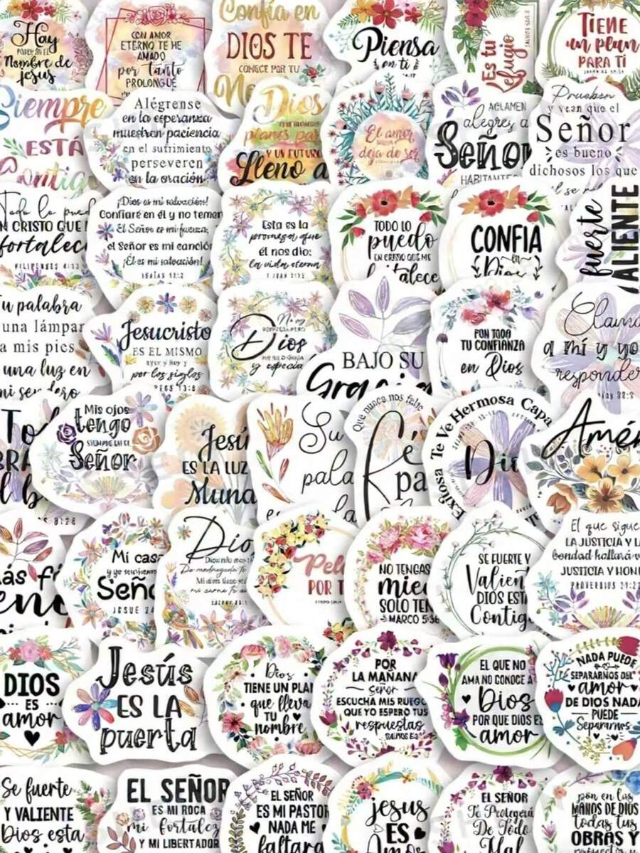 50pcs Back To School Inspirational Quote Stickers, Suitable For Handmade Diary, DIY Photo Album, Spanish Bible Verses, Jesus God Themed Aesthetic Stickers - Multicolor - View 1