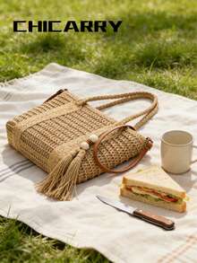 女士优雅时尚手提包，沙滩度假旅行斜挎包，带流苏串珠吊坠，沙滩包，派对手提包，适合大学生，时尚轻便草编包，适合购物、通勤、约会、旅行行李 - 卡其色 - 查看 8