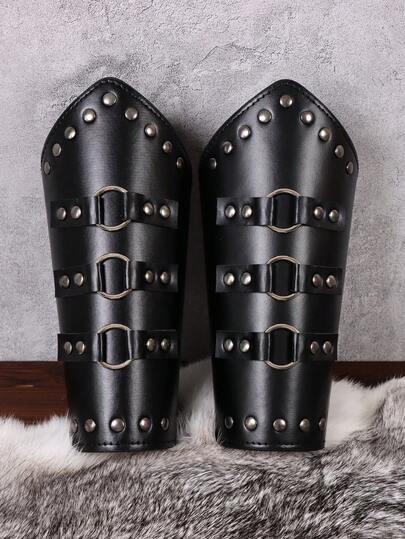 2PCS/Set Vintage Brown/Black Faux Leather Arm Cuffs - Metal Stud Adjustable Wrist Guards For Cosplay Medieval Fantasy Adventurer Costume Set For Epic Roleplay