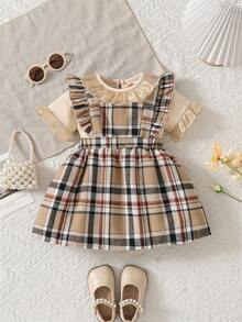 女婴时尚休闲可爱套装，圆领荷叶边简约上衣 + 格纹时尚背带裤 - 杏色 - 查看 1