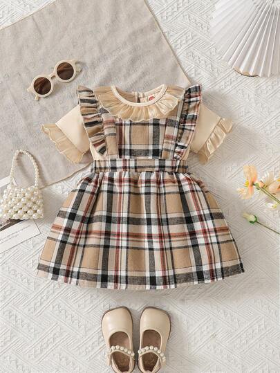 女婴时尚休闲可爱套装，圆领荷叶边简约上衣 + 格纹时尚背带裤