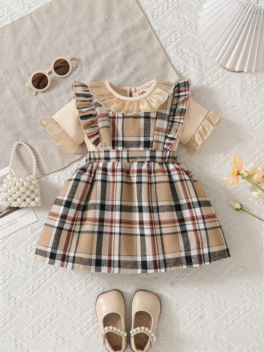 女婴时尚休闲可爱套装，圆领荷叶边简约上衣 + 格纹时尚背带裤 - 杏色 - 查看 1