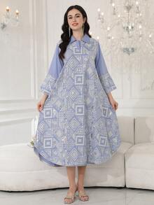 2026 New Style Elegant Embroidered Beaded Arabic Women's Dress JALABIA, Square Collar Long Sleeve, Fashion Creative Graceful - Blue - View 7