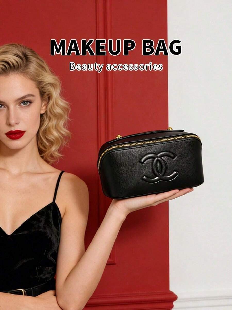 CHANEL Women's Makeup Bag, Black Genuine Leather Handbag - Classic Large Logo Makeup Bag, Brown Lining, Multi-Layer Design, Large Capacity, Suitable For Travel And Daily Use, Gift For Women - Black - View 1