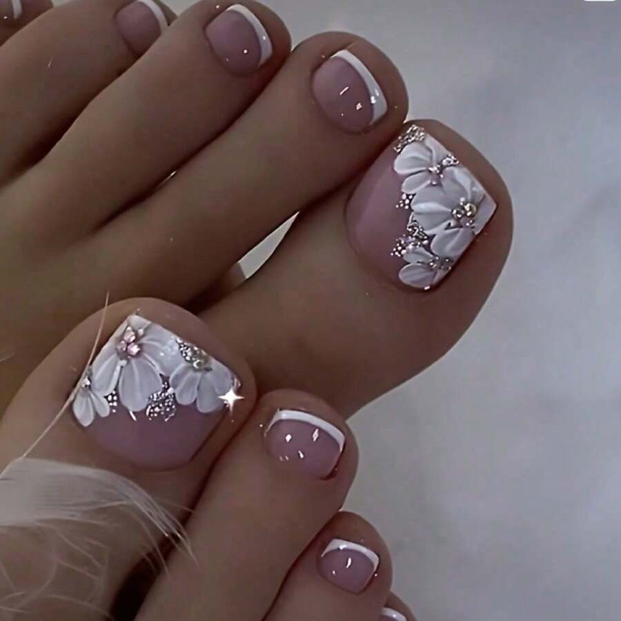 24pcs Handmade Floral Glitter Press-On Nails - Square Short Reusable Manicure Stickers With Pink Flowers And Rhinestones, Suitable For Feet, Elegant Design For Parties, Weddings, And Everyday Wear - 均碼 - 查看 1