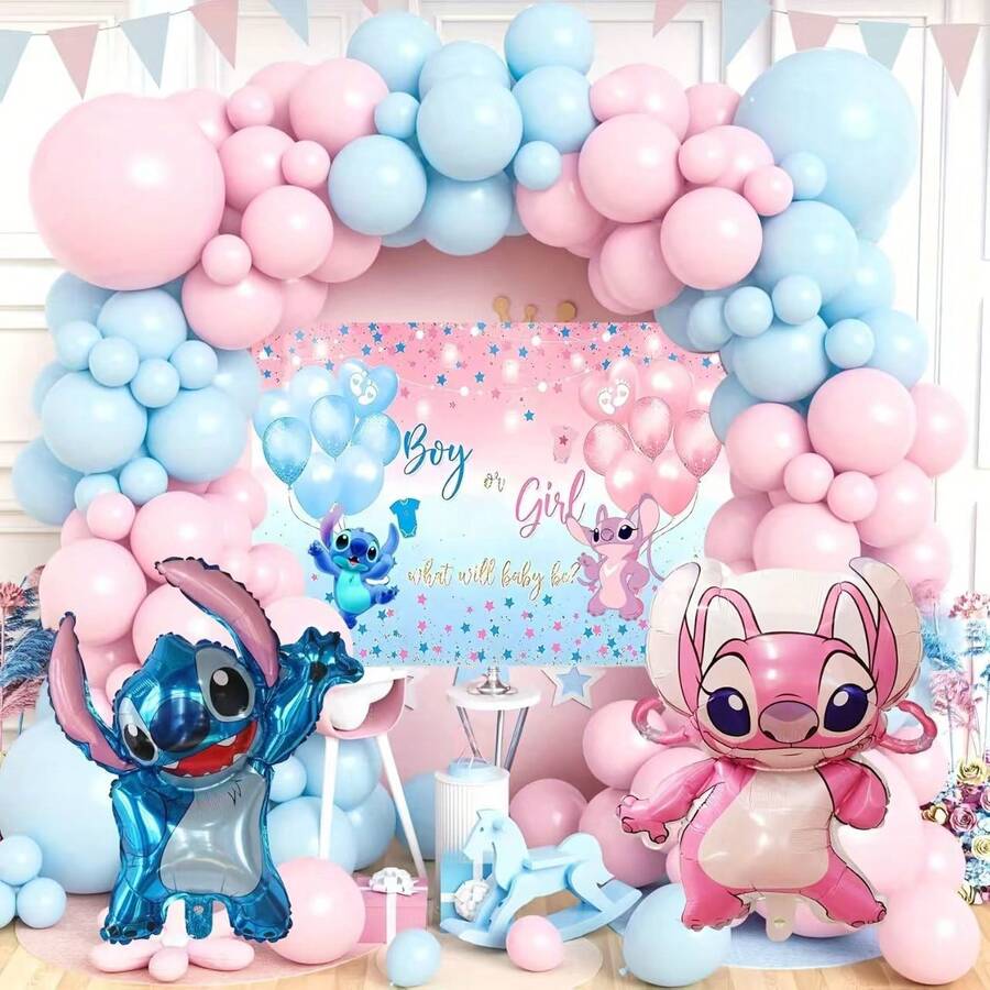 Hasbro Bộ trang trí tiệc tiết lộ giới tính Lilo & Stitch 120 món, bao gồm cổng bóng bay màu hồng và xanh ombre, phông nền chủ đề "Bé trai hay bé gái", bóng bay Lilo & Stitch bằng giấy bạc, phù hợp cho tiệc tiết lộ giới tính em bé, tông màu pastel dễ thương, các yếu tố hoạt hình, tiệc sinh nhật, tụ họp theo chủ đề. - Nhiều màu - Xem 1