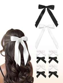 10pcs Ribbon Long Tail Double-Layer Bow Hair Clips, Mini Bow Hair Pins, Hair Ties For Girls, Valentine's Day Party, Black & Red - Multicolor - View 3