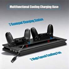 P/S/4 垂直散热支架，带双控制器充电底座和 3 端口 USB 集线器 - USB 供电，兼容 P/S/4 Slim/Pro，一体式散热充电站 - 黑色 - 查看 4