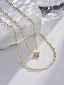 2pcs Women's Necklaces, Fashionable Clover Pendant Necklaces With Micro-Inlaid Zirconia, Layered Necklaces For Daily Wear - Yellow Gold - View 2