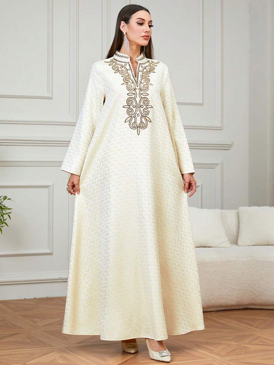 优雅女士斋月新款时尚V领提花长袖长款罩衫，饰有串珠和刺绣细节，适合派对、居家、日常休闲穿着以及开斋节。 - 杏色 - 查看 1