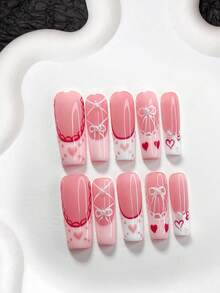 10片甜美可爱风格亚克力美甲套装，亚克力美甲贴片，手绘白色，红色蕾丝边，白色小水钻点缀，白色手绘蝴蝶结，红色镂空爱心和粉色爱心混合美甲贴片，手工美甲贴片 - 彩色 - 查看 15