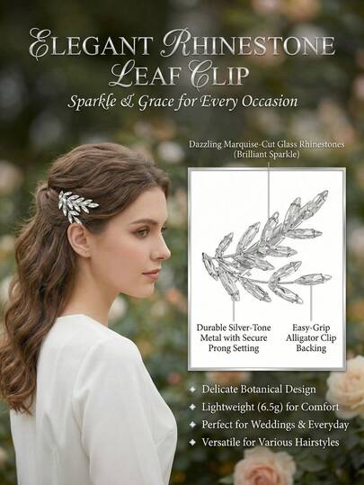 1pc Sparkling Crystal Leaf Hair Clip, Silver Rhinestone Feather Branch Alligator Barrette, Elegant Bridal Wedding Hair Accessories For Wome