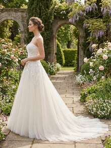 YOUKEFEIER 户外婚礼仪式甜心蕾丝刺绣长款婚纱 - 杏色 - 查看 3