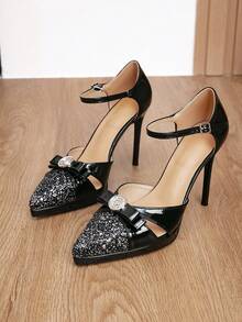 Sexy Nightclub Sequin Patchwork Pointed Toe Buckle Party High Heels - Black - View 6