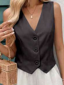 MICHELEE Elegant Women's Vest With V-Neck And Button Closure - Black - View 4
