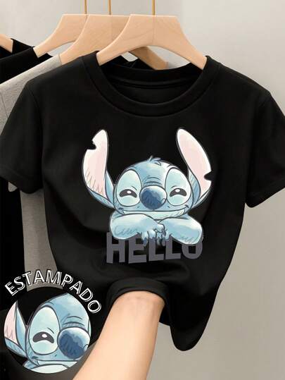  Camiseta para mujer de 100% algodón con cuello redondo y manga corta Estampada original de Disney Película Lilo y Stitch ideal para festividades Regalo ideal Primavera Verano Otoño Invierno Stich tierno con leyenda "Hello"