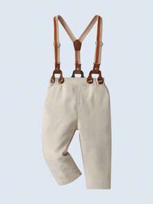 BOARNSEORL 两件套男婴绅士套装，长袖衬衫配领结和背带裤，时尚帅气，适合生日派对、婚礼、周年纪念日等场合。 - 卡其色 - 查看 5