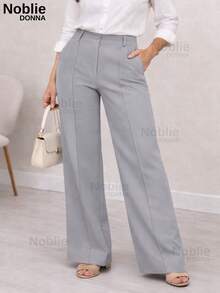 Women's Tailored Dress Pants, Wide Leg, With Zipper, Pockets, And Button, For Office Use. - Grey - View 3