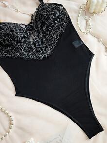 Black Lace Mesh Bodysuit - Sexy Slimming Comfortable Breathable Party Date Vacation Outfit - Black - View 3