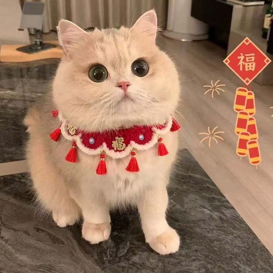 Bandana de mascota de estilo Kawaii para el Año Nuevo Chino con borla de perlas, lazo artesanal de amuleto de la suerte como accesorio para fotos, regalo para gatitos, cachorros y celebración