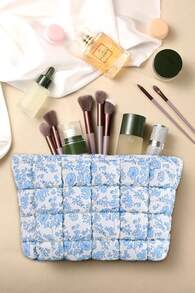 Floral Quilted Makeup Bag Travel Cosmetic Toiletry Organizer Pouch - 藍色花卉 - 查看 6
