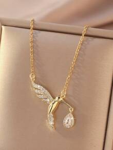 1件装灵动蜂鸟全锆石吊坠项链，蜂鸟翅膀镶嵌锆石，搭配水滴形锆石吊坠，甜美精致的风格，适合约会、日常奢华搭配，独特的灵动蜂鸟元素提亮肤色，非主流设计。 - 蜂鳥 - 查看 2