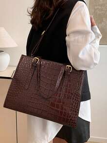 New Crocodile Embossed Handbag With Accessories - Brown - View 6
