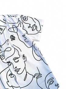 Men's 2pcs Set Abstract Face Line Art Print Sketch Short Sleeve Shirt, Summer Streetwear Fashion Graffiti Style - White - View 5