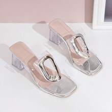 Tacones altos de punta cuadrada para mujeres, casuales y versátiles, con hebilla metálica y tacón de cristal - Plateado - Ver 4