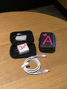 5pcs Charger & Cable Organizer Set (1pc Black Cable Organizer Bag, 1pc Charger Protector Case, 2pcs Cable Savers, 1pc White Cable Tie) With UV Printed Pink Heart & 26 Letters Pattern, Suitable Compatible With Apple 20W Fast Charger - Multicolor - View 2