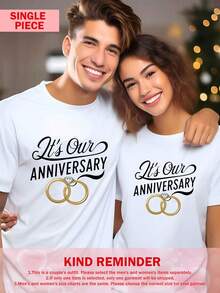 1pc Matching Anniversary T-Shirts For Couples - ""It's Our Anniversary"" Print With Interlocking Rings Design, White & Golden Geometric Pattern - 男款白色 - 查看 1