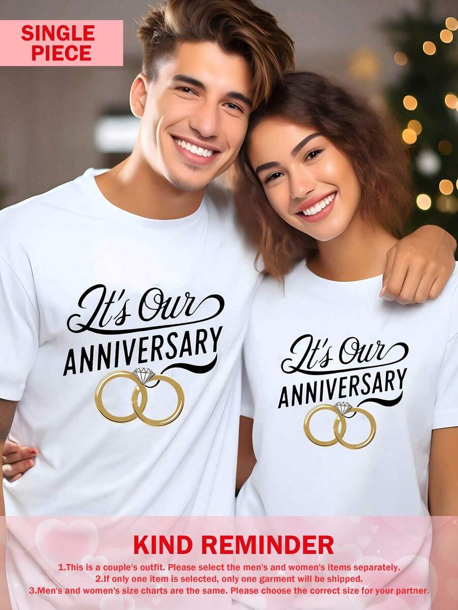 1pc Matching Anniversary T-Shirts For Couples - ""It's Our Anniversary"" Print With Interlocking Rings Design, White & Golden Geometric Pattern - 男款白色 - 查看 1